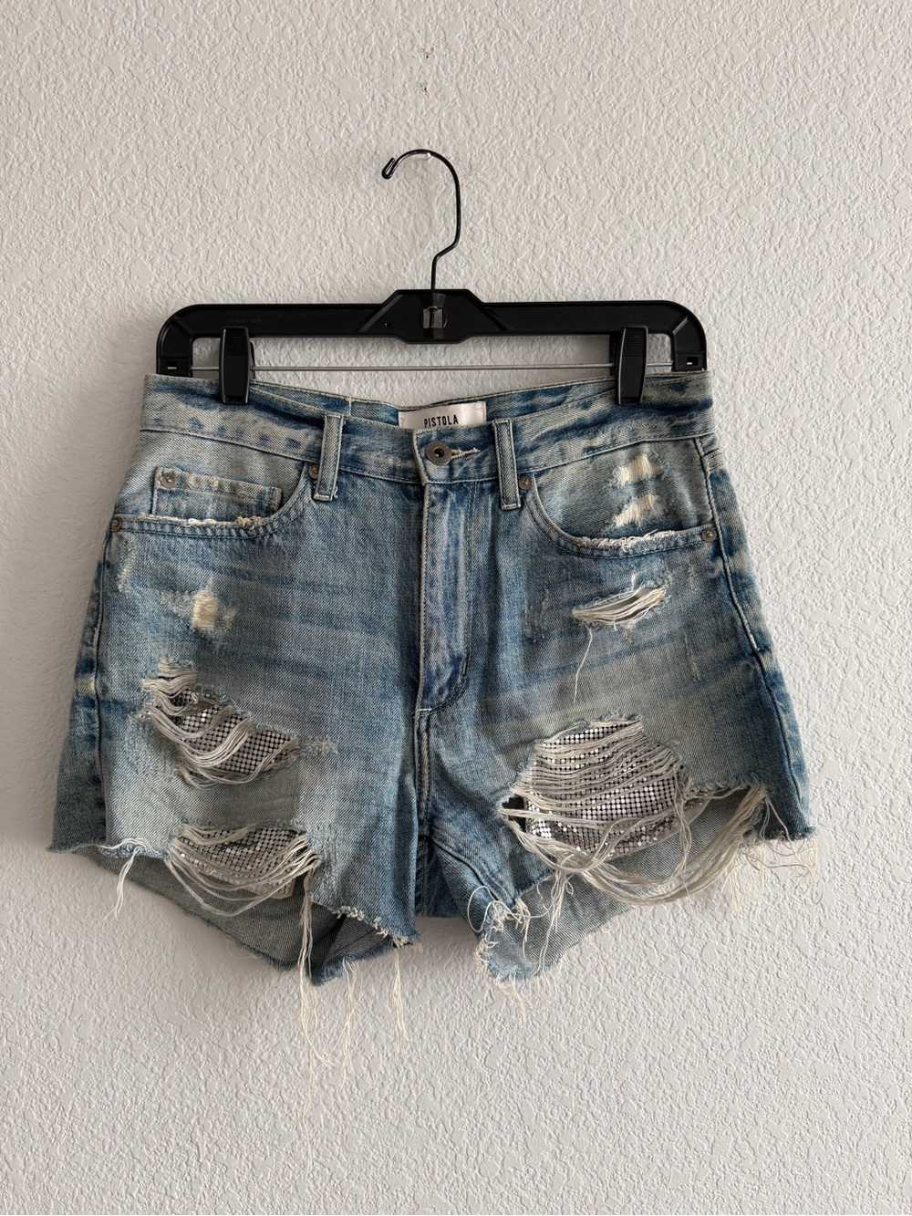 Pistola Ace High Rise 90s Cut Off Denim Shorts Silver Sequin Pocket Size 26